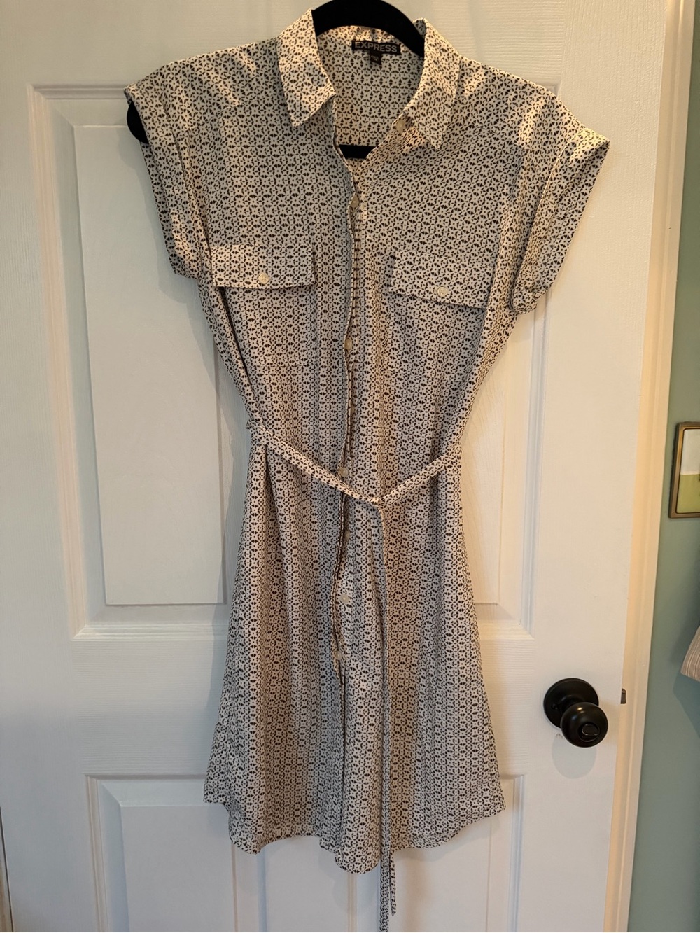 Express Cream and Black Printed Shirt Dress with Tie Belt